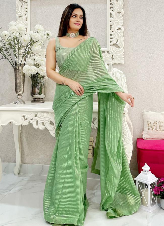 Silk Pista Party Wear Sequins Work Saree